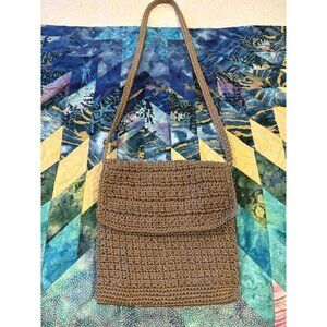The Sak Crossbody Mini Shoulder Bag Purse Brown Khaki Crochet Zip Lined Boho Hip